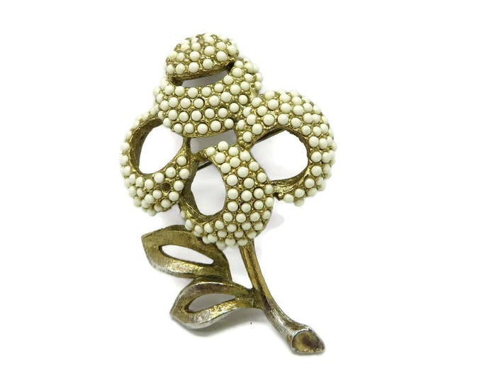 Vintage White Beaded Flower Brooch, Signed Kramer Gold Tone Floral Pin, Missing Beads