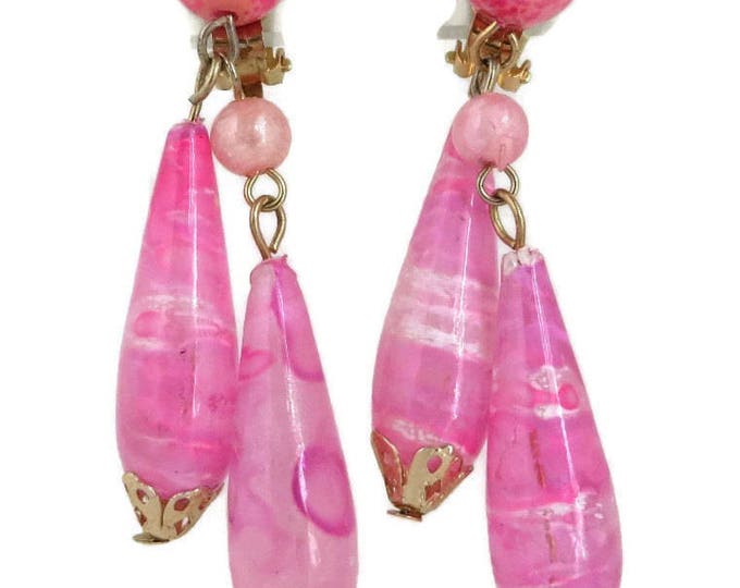 Pink Hong Kong Dangling Earrings, Vintage Teardrop Clip-ons Costume Jewelry Gift Idea