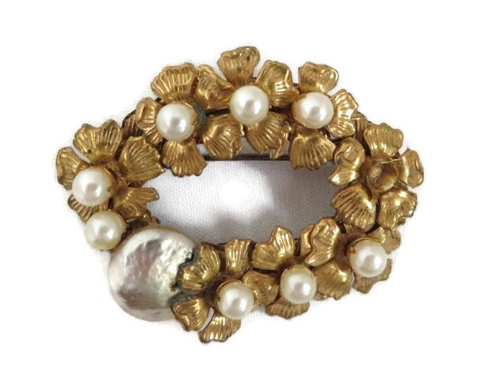 Miriam Haskell Brooch Faux Pearl Goldtone Wreath Designer Signed Vintage Costume Jewelry