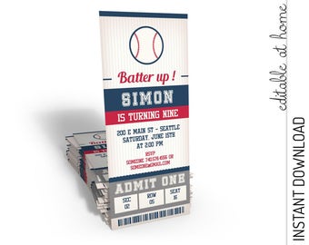 Baseball Invitation, Baseball Birthday Invitation, Baseball Ticket Invitation INSTANT DOWNLOAD you personalize at home