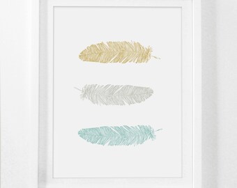 Printable Art, Wall Prints, Feather Print, Yellow Print Art, Mustard and Teal Wall Art, Feather Art Prints, Nursery Art, Digital Download