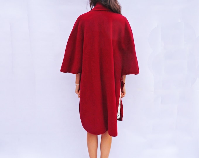 Red Wool Cape, Vintage 80s Red Wool Long Winter Cape Coat, Wine Red Wool Cloak, Swing Coat, Wool Coat Women, Red Riding Hood, Wool Poncho