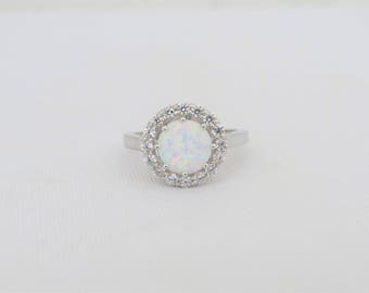 Vintage Sterling Silver White Opal & White Topaz Halo Ring Size 7