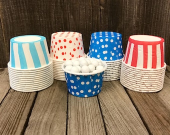 48 Red, White, and Sky Blue Candy Cups- Dr. Seuss Themed Nut Cups--Birthday Party Supply--Mini Cupcakes--Polka Dot and Striped Cups