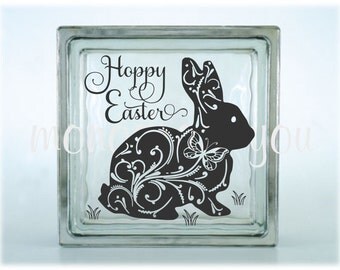 Hoppy Easter Glass Block Decal - Easter Glass Block Decal - Bunny Decal - Easter Bunny Glass Block - DIY Easter Decal - DIY Glass Block
