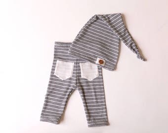 Newborn Boy Pants and Hat Set - The "Alex" grey and white newborn outfit, baby boy, stripes, newborn photo prop, newborn hat
