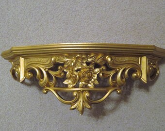 Vintage Gold Tone Hollywood Regency Floral Wall Shelf, Syroco Ornate Gold Wall Shelf