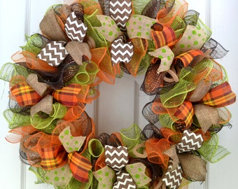 Fall deco mesh wreath - Fall door wreath - Fall wreaths for front door - Fall Front Door Wreath - Thanksgiving Front Door Wreath