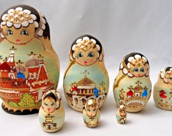 7 Pcs Signed Matroyshka Russian Nesting Doll St Petersburg Onion Domes Vintage