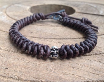 Wrap Tête de Mort argent massif, pour homme, fait main, cuir éco antique brun mat, Ajustabl
