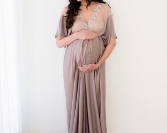 MATERNITY DRESS for photo shoot, prop, robe, gown, sizes 4-20, plus size, one-size-fits-all, lace, taupe, long, floor length, maxi, split