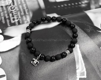 Dangle Fleur de lis 925 sterling Silver Bracelet, Black onyx beaded Bracelets