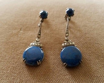 Vintage Sterling Lapis Marcasite Earrings, Wachenheimer