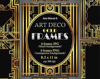 Frames Art Deco Clipart. Set of 6 digital metallic, gold frames in JPG and PNG formats. Printable. Instant download. Commercial use.