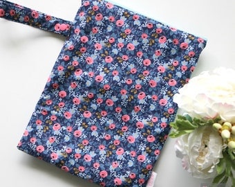 Wet / Dry Bag - Re-useable - Les Fleurs by Rifle Paper Co Rosa Floral Navy and Pink - Baby and Kid Travel - Girl - flowers - Cloth Diapers