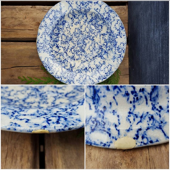 Antique Blue Spongeware Soup Plate Ironstone Porcelain Bowl