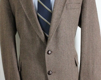 Vintage 44R Tailored Clothing Brown Herringbone Tweed Sport Coat Blazer Jacket OCT6