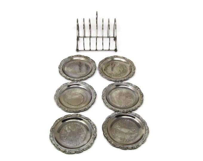 Silver Coasters with Holder - Silver Plated - Drink Holders - Vintage Barware - Set of Six - Beverage Holders Unique Gift Christmas Gift Mom