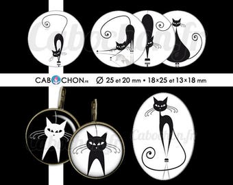 Chat noir Chat blanc • 60 Images Digitales RONDES 25 et 20 mm OVALES 18x25 et 13x18 mm silhouette ombre cat page cabochon cabochons bijoux