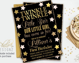 SALE Twinkle Twinkle Little Star Birthday Invitation, Glitter Gold & blush pink Little Star Invite, First Birthday Invitation, Any age