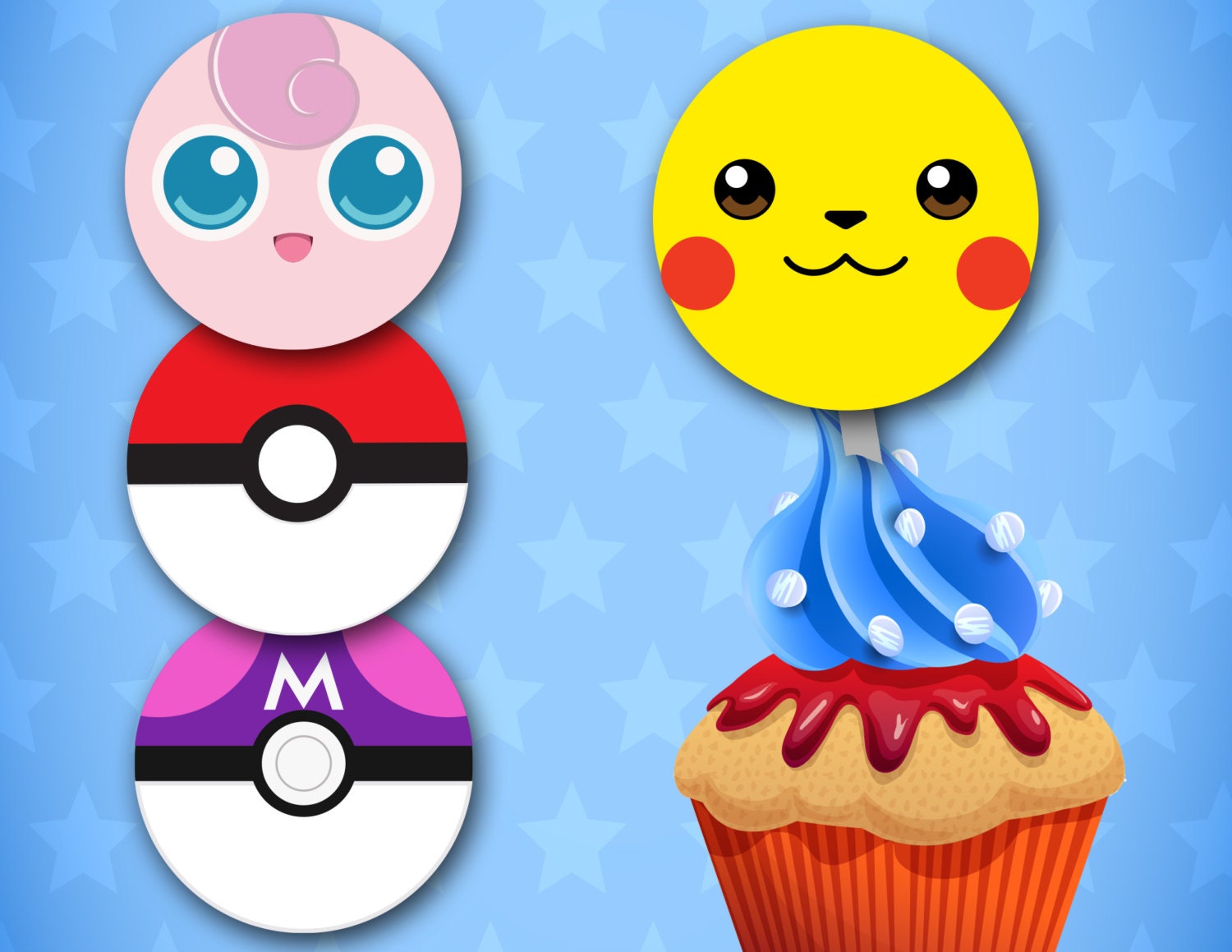 2 Inch Circle Digital Pokemon Go, Digital 2 Inch Circle Pokemon Cupcake