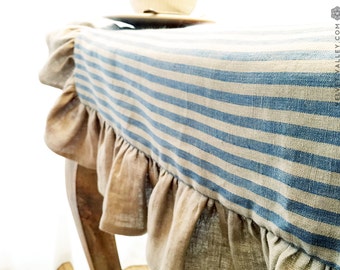 Linen dove blue beige striped ruffled tablecloth- Vintage style tablecloth with ruffles-Large/Small light tablecloth