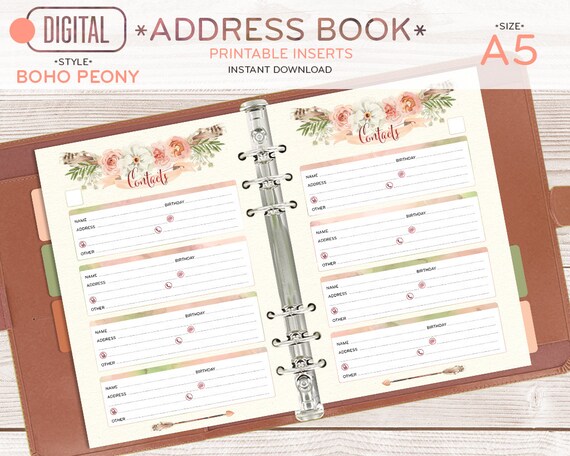 A5 Address Book for planner contacts printable page half