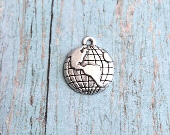 8 Globe charms (1 sided) antique silver tone - silver globe pendants, Earth charms, travel charms, geography charms, world map charms, R3