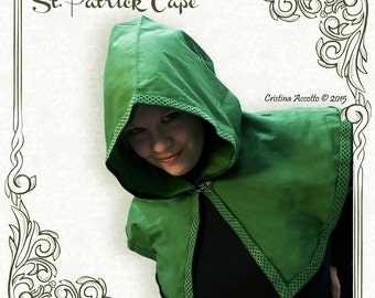 READY TO SHIP - St. Patrick green cape whit hood celtic trim cotton fantasy Larp vikings pagan wood elf elves lotr renaissance cloak yule