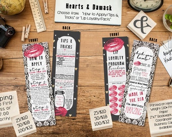 Printed LipSense SeneGence Bookmark Size Care Cards in "HEARTS & DAMASK" How to Apply Tips and Tricks OR Lip Loyalty and LipSense Facts