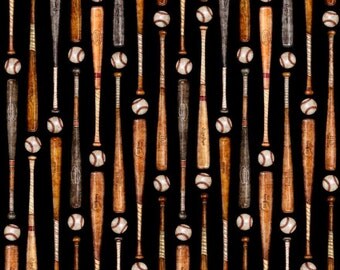 Grand Slam, Wooden Baseball Bats on black cotton fabric by Quilting Treasures