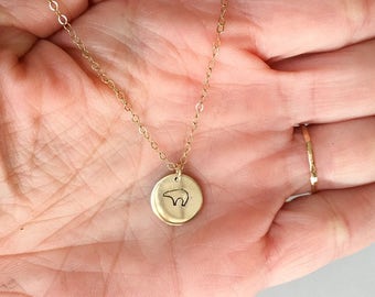 Tiny Bear Charm Necklace Gold Disc Necklace Mama Bear Necklace Personalized Charm Necklace Hand Stamped Bear Necklace Nature Lover Necklace