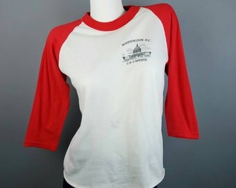 70s Vintage Red White Raglan T Shirt, Soft Thin 3/4 Sleeve Baseball Tee, Washington DC US Capitol, Small Medium