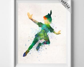 Peter Pan Poster, Peter Pan Watercolor, Gift For Her, Disney Art, Disney Nursery, Baby Gift, Neverland Art, Peter Pan Decor, Gift For Him