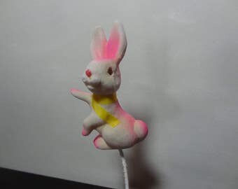 Vintage White and Pink Fuzzy Bunny Pick - Flocked Easter Bunny Decoration - Easter Decor