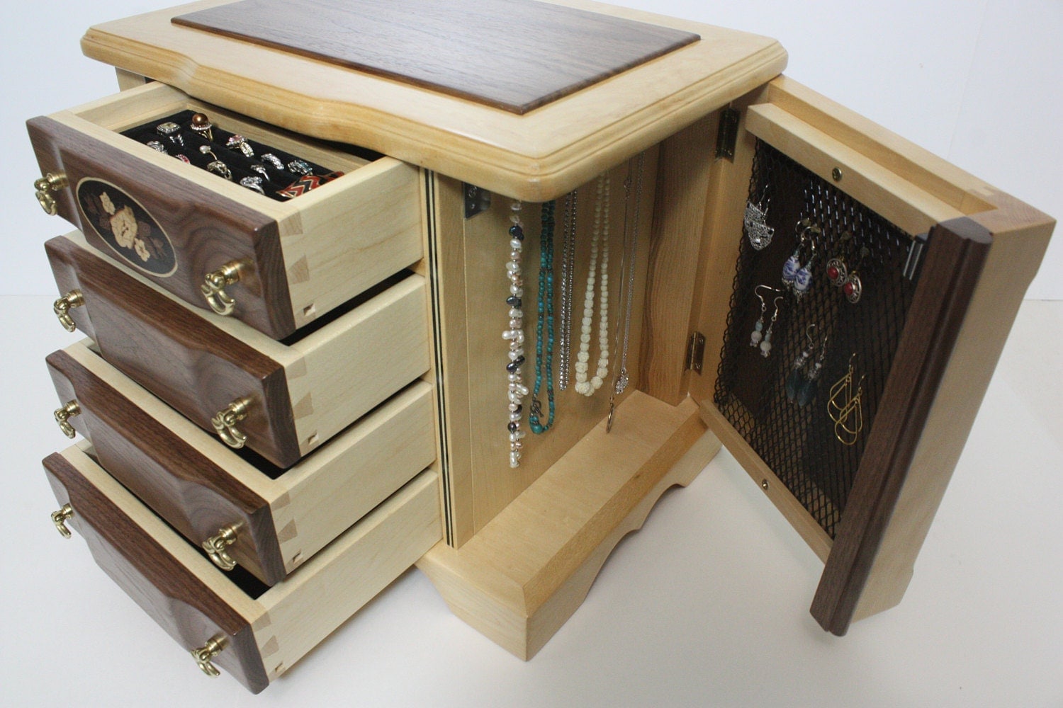 4 Drawer Jewelry Box with Swing Out Sides for Necklaces For Sale
