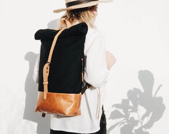 Leather Backpack, Hipster Backpack, Black Backpack, Gift for Him, Gift for her, Sustainable Backpack, FOLDOVER BACKPACK