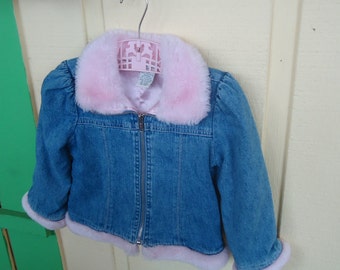 Girls Pink fur collar Jean Jacket size 3 Toddler zip up the front