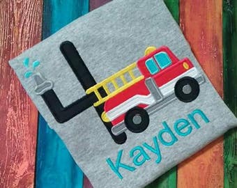 Firetruck birthday shirt, Appliqued, monogrammed with child's name and age. 100% cotton T-shirt