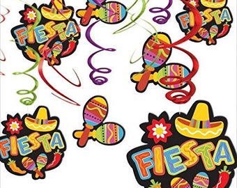 12 Pc Colorful Cinco de Mayo Maracas And "Fiesta" Hanging Swirl Decoration Kit - Candy Buffet Backdrop & More! Beautiful Fun Party Decor
