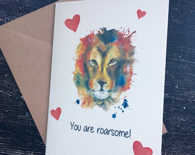 Lion valentines card, husband card,  Anniversary card, Valentines card - Puddle Paints design - watercolour print