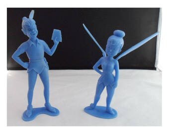 1972 blue, hard plastic Peter Pan and Tinkerbell figurines; Louis Marx & Co.; Walt Disney Prod.; 6" tall