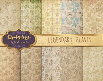 Legendary Beasts Digital Paper, Medieval Digital Paper, Royal Heraldic Crests, Medieval Patterns Scrapbook Paper Printable Backgrounds