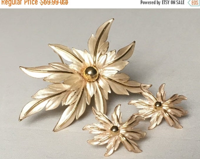 Storewide 25% Off SALE Vintage Gold Tone Large Floral Designer Brooch And Matching Earrings Featuring Enamel Overlay Finish