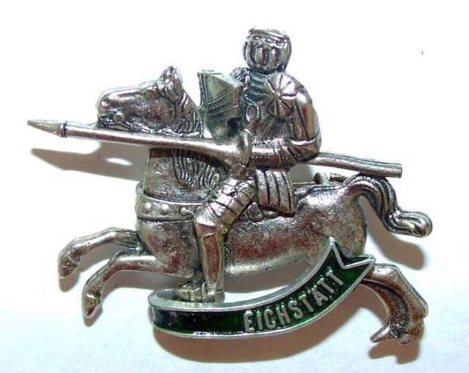 Storewide 25% Off SALE Unique Vintage Silver Tone Mounted Knight In Shining Armor Lapel Pin Featuring Inscribed 'Eichstatt' and Classical Me