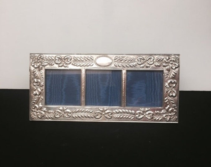 Storewide 25% Off SALE Vintage Sterling Silver Triple Photo Frame Featuring Elaborate Ribbon Bow Garland Trim Designs