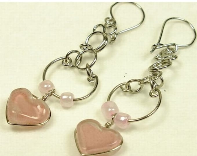 Storewide 25% Off SALE Beautiful Delicate silvertone wire chandelier earrings with pink heart shaped dangling bead.