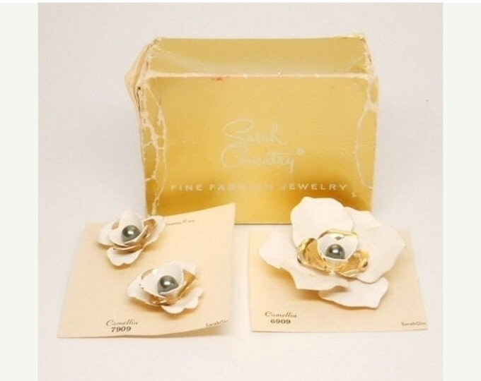 Storewide 25% Off SALE Vintage SARAH COVENTRY "Camellia" White Enamel Flower Brooch and Earring Set With Original Cards and Box