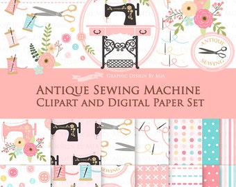 20% off Antique Sewing Machine / Vintage Sewing Machine Clip Art + Digital Paper Set - Instant Download