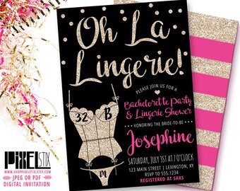 Gold Glitter Lingerie Shower Invitation, Oh La Lingerie, Bachelorette Party Invite, Sexy Corset, Black Pink Lingerie Bridal Shower PRINTABLE